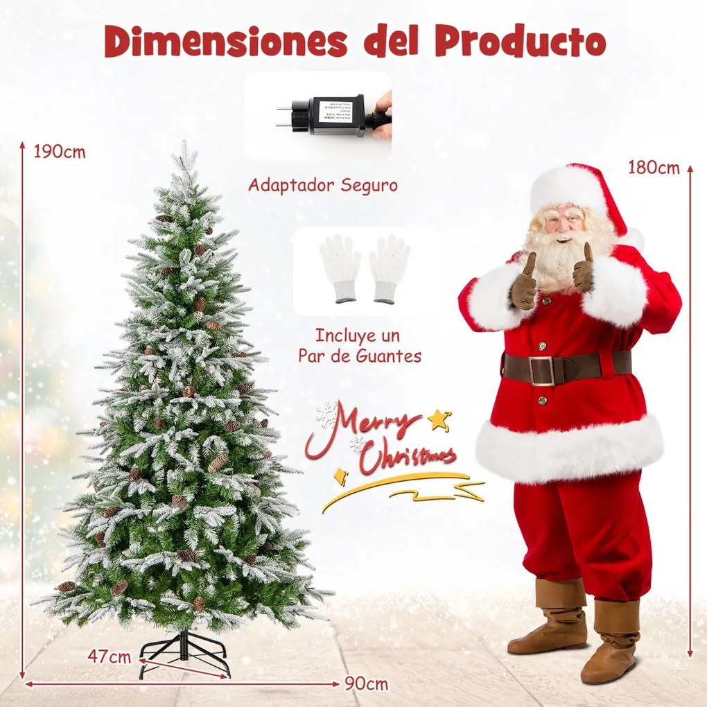 Árvore de Natal Artificial de 190 cm com 280 Luzes LED Neve Simulada 765 Ramos Articulados com 62 Pinhas Verde