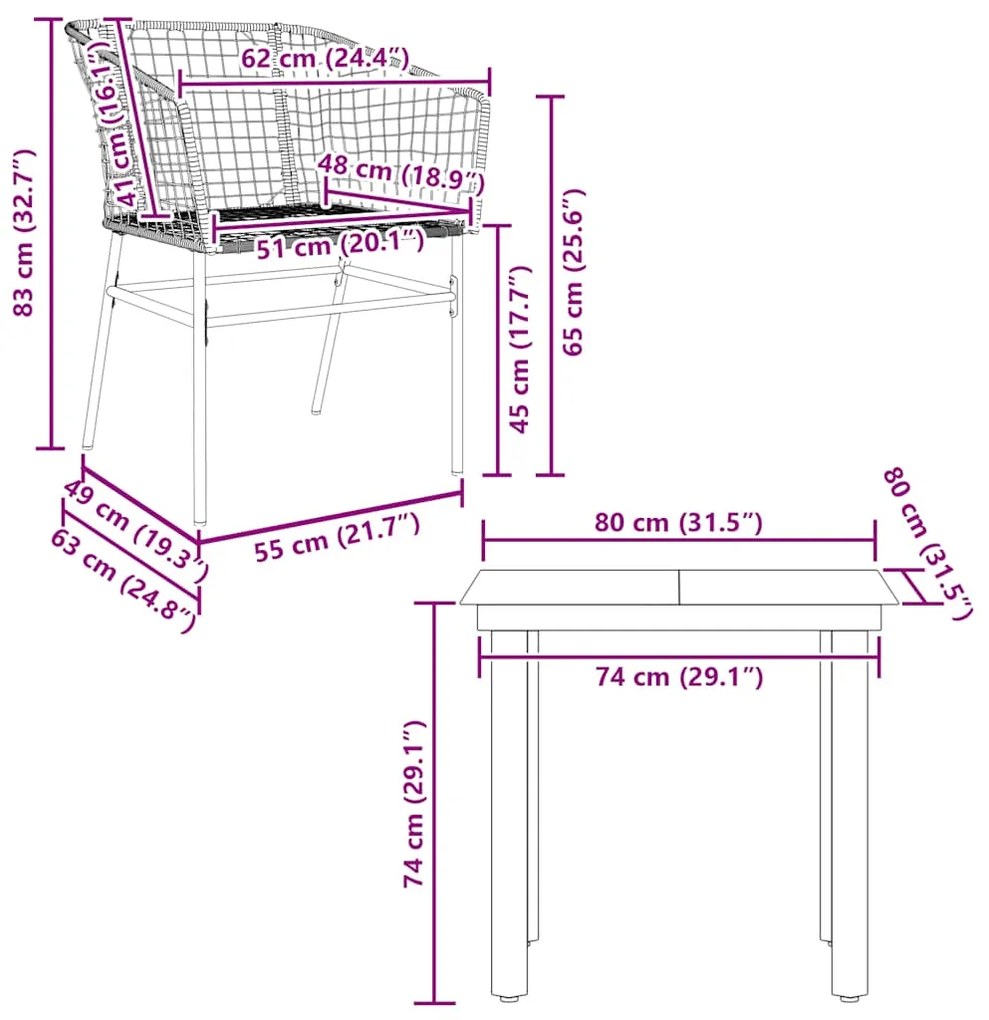 Conjunto jantar jardim 3 peças vidro vime PE castanho