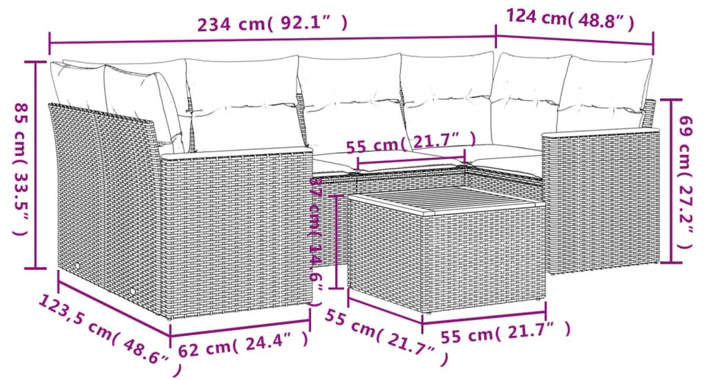 7 pcs conjunto de sofás p/ jardim com almofadões vime PE bege