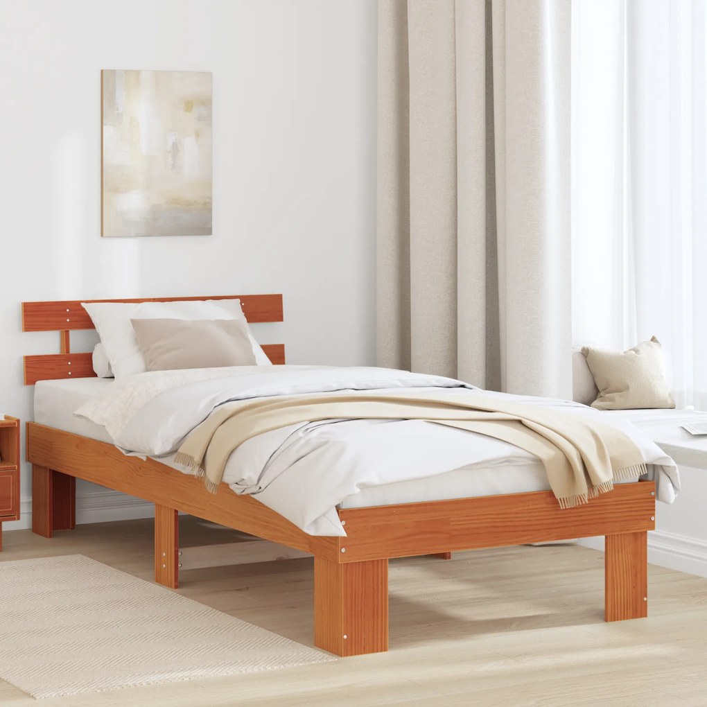 Estrado de Cama com Cabeceira Castanho Encerado 90x190 cm Madeira Maci