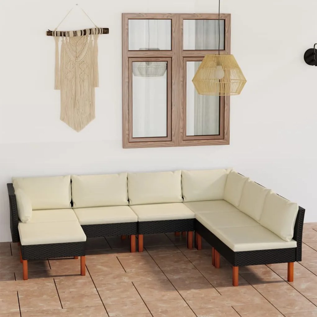 7 pcs conjunto lounge de jardim c/ almofadões vime PE preto