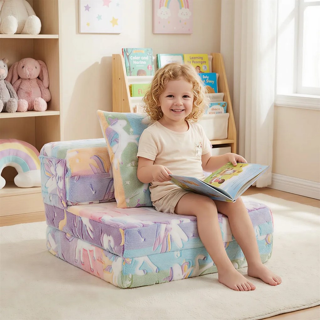Sofá-cama para crianças dobrável 3 em 1 com capas laváveis com fecho e almofada adicional Bonitos desenhos de unicórnios multicoloridos