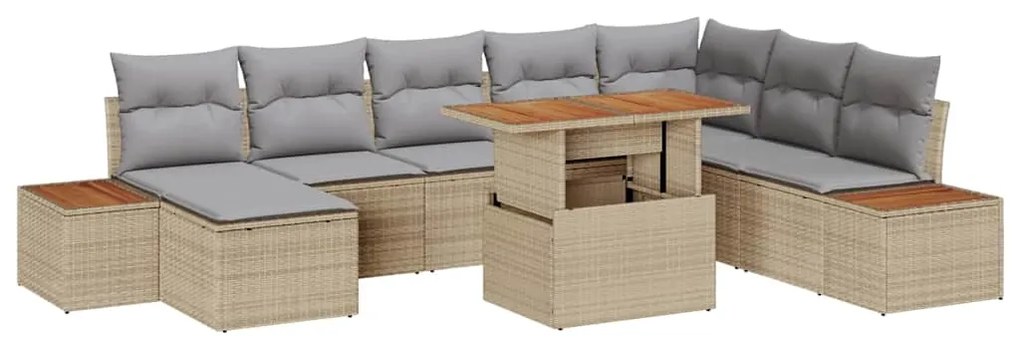 vidaXL Conjunto de Jantar de Jardim de 9 Peças com Almofadas Bege em Polyrattan e Acácia