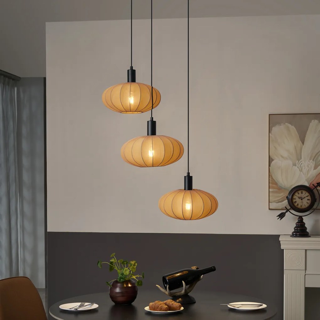 Candeeiro suspenso Japandi preto com abajur de tecido castanho 3-luzes - Bida