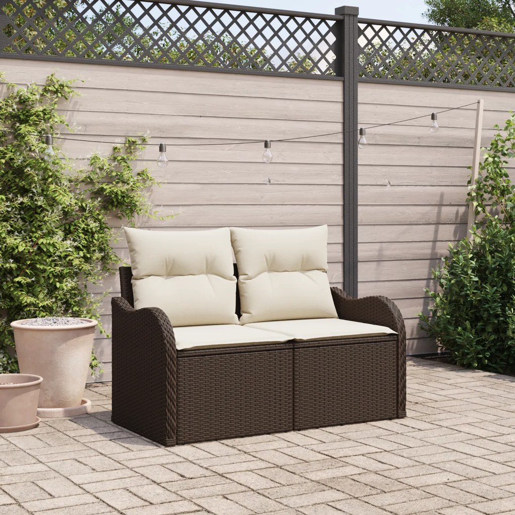 Sofá de Jardim 2 Lugares com Armazenamento e Almofadas Castanho em Rattan Sintético