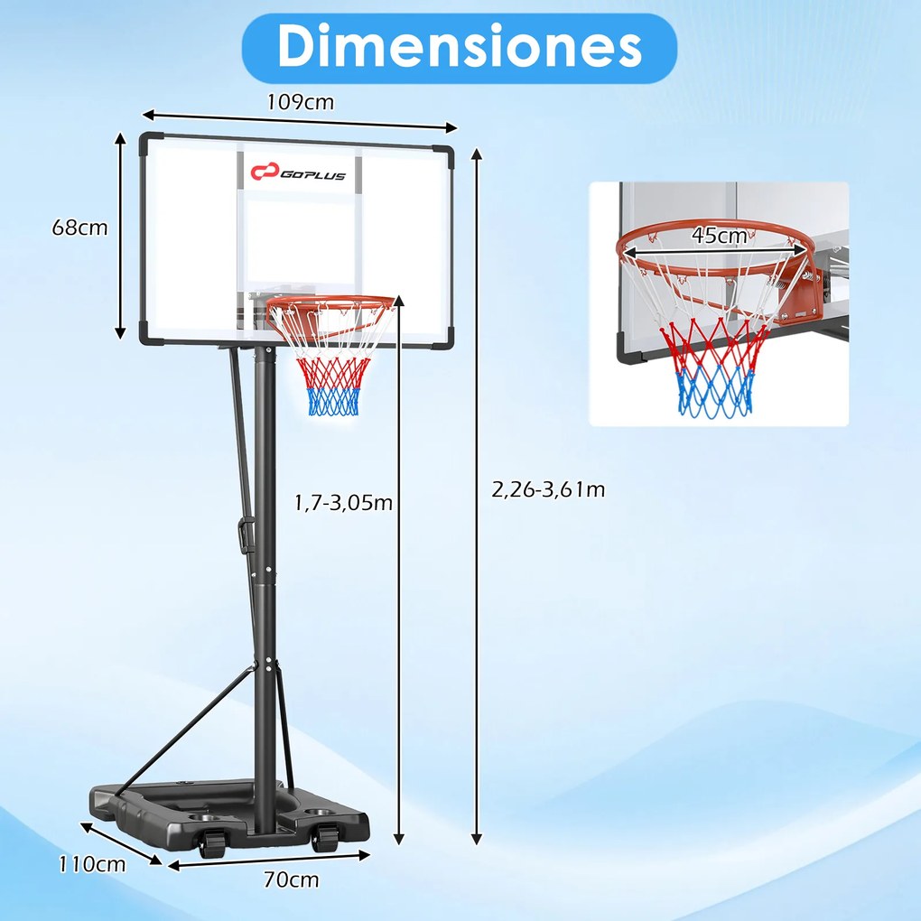 Cesto de basquetebol portátil para exterior com altura ajustável (1,7-3 m), base recheável e rodas, para crianças e adultos, para uso interior e exter