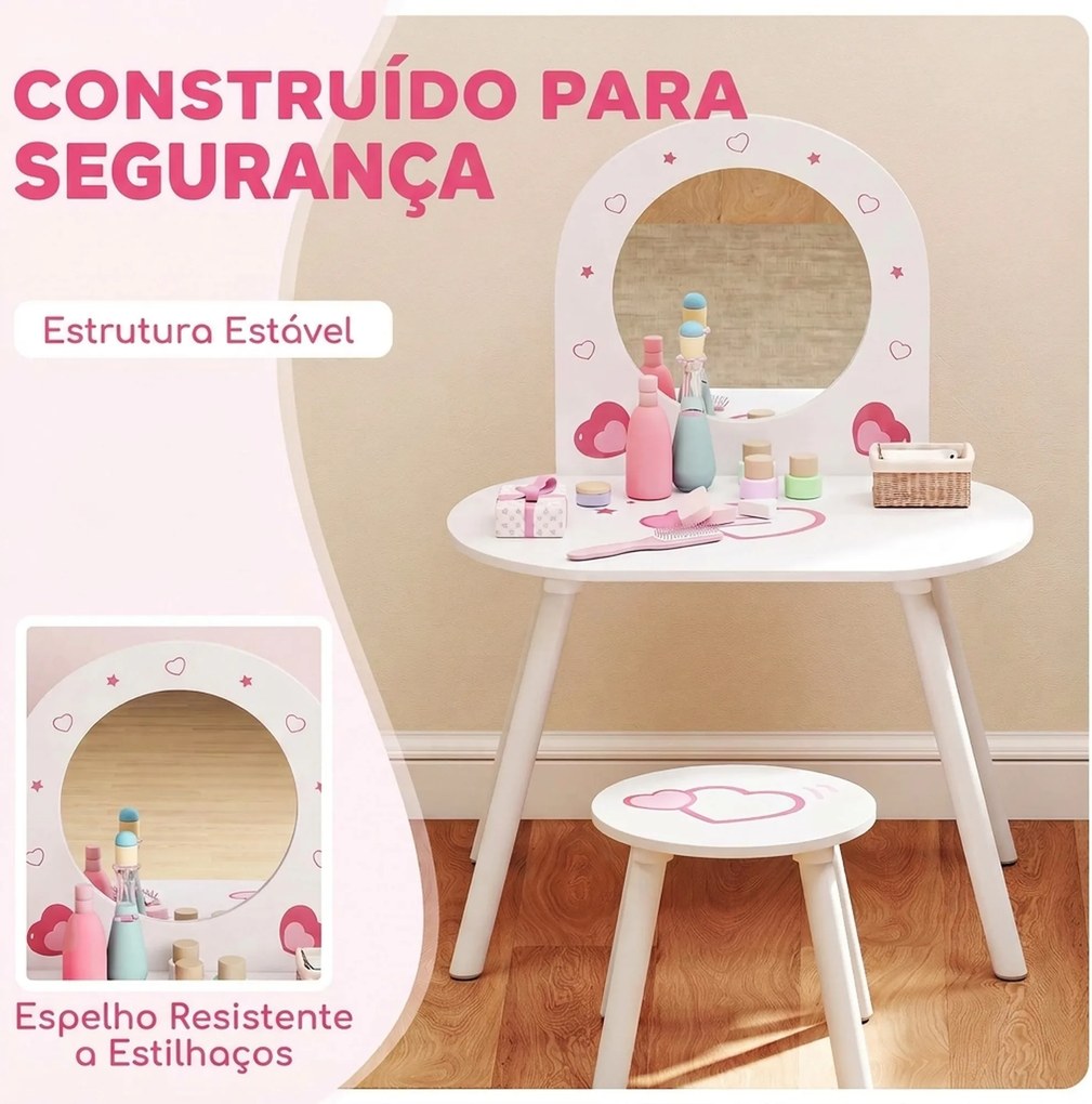 Toucador Infantil com Banco e Espelho para Meninas com Desenhos de Corações para Crianças de 3-6 Anos Branca