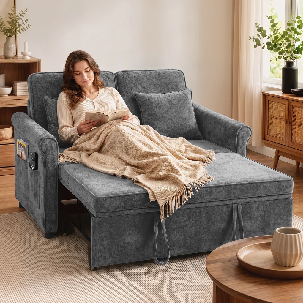 Sofá-cama 2 Lugares 3 em 1 com Encosto Ajustável em 5 Posições Bolsos Laterais e 2 Almofadas Cinza