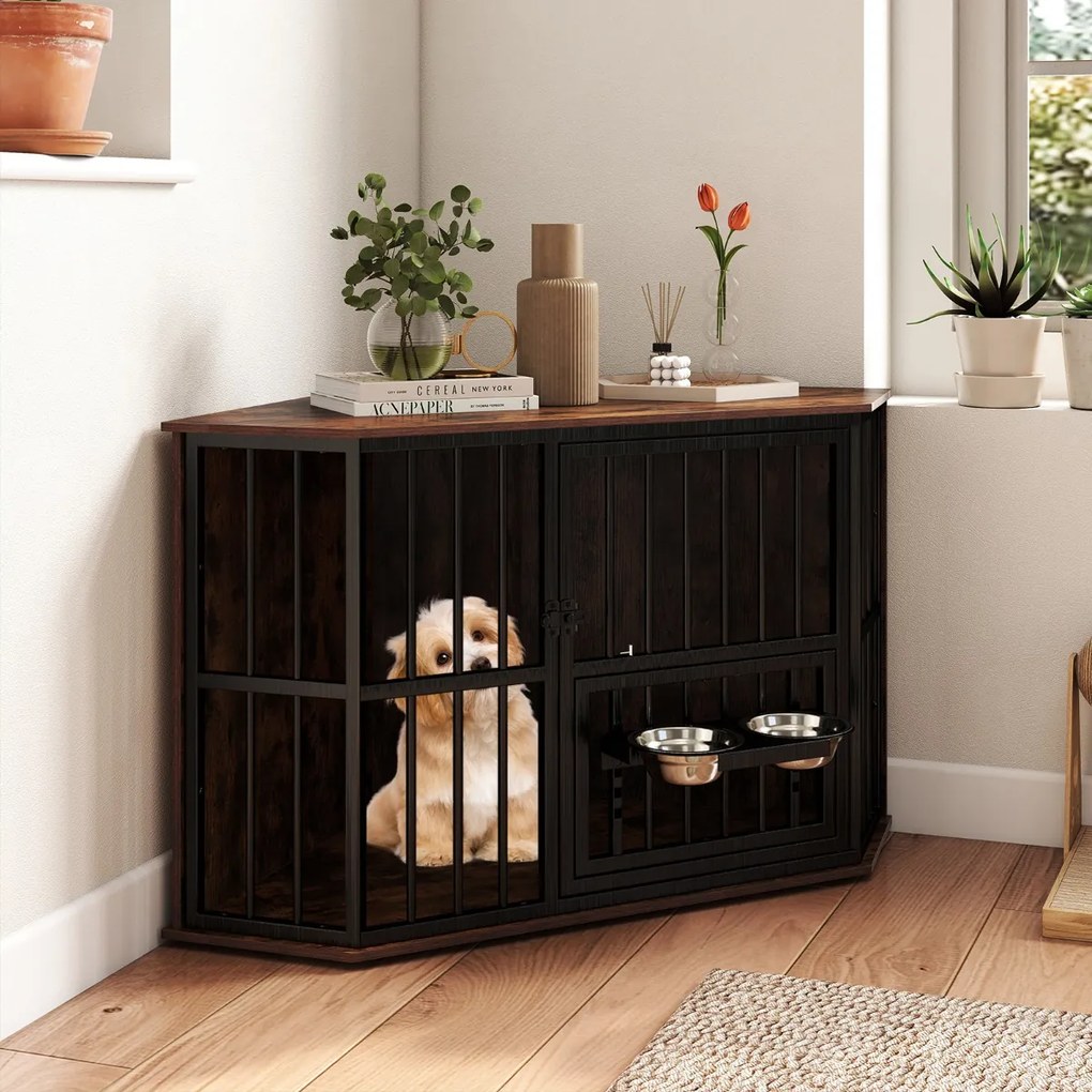 Gaiola de canto para cães 114 x 60 x 68 cm com comedouro ajustável, 2 tigelas de aço inoxidável, porta com fechadura e pés ajustáveis, castanho