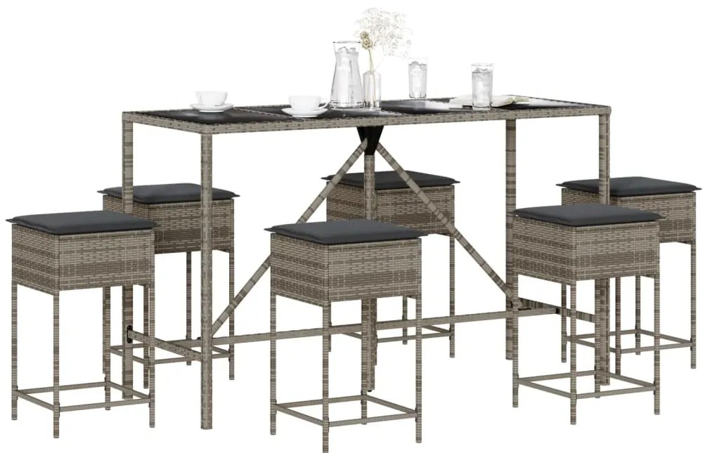 7 pcs conjunto de bar p/ jardim c/ almofadões vime PE cinzento