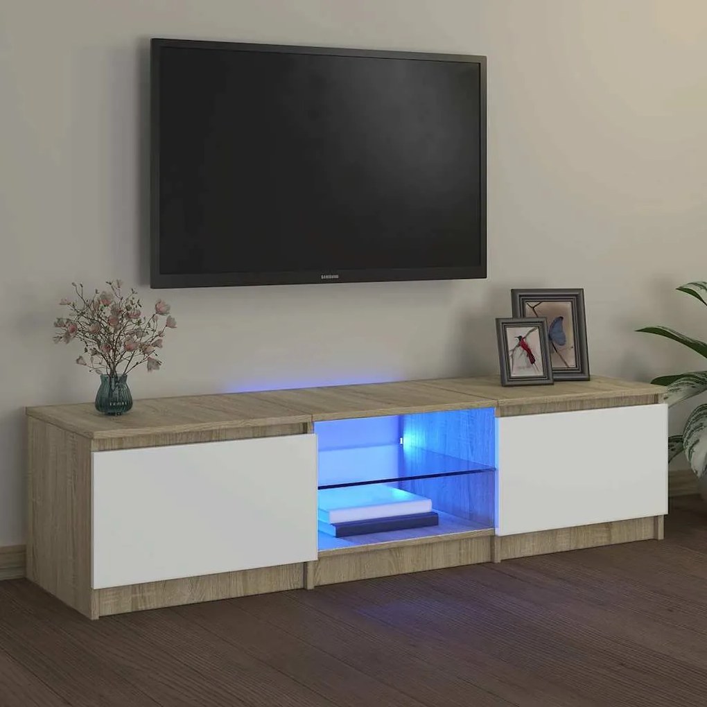 vidaXL Móvel de TV com luzes LED 140x40x36 cm branco/carvalho sonoma