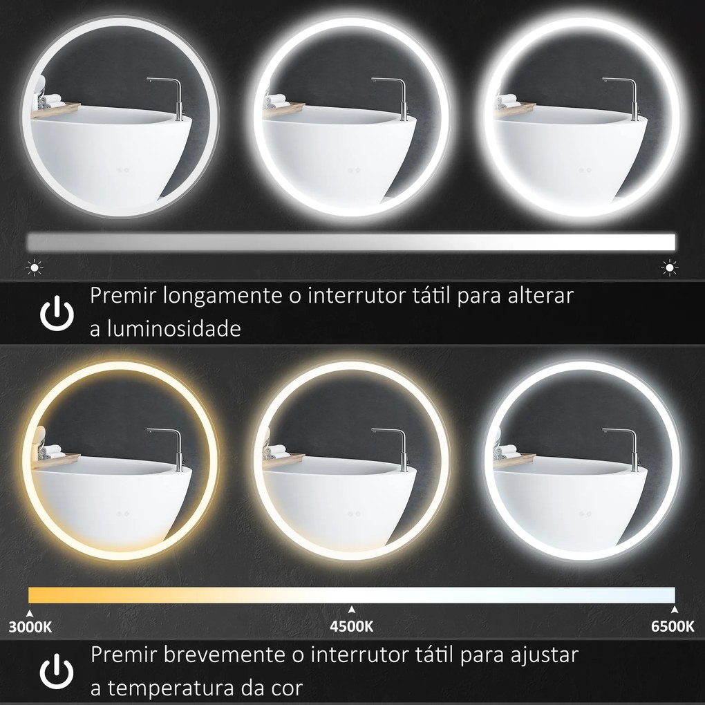 Espelho de Casa de Banho com Luzes LED Ajustáveis Ø60 cm com Função de Memória Anti-embaciamento e Interrutor Tátil Prata