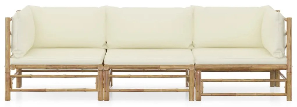 3 pcs conj. lounge p/ jardim em bambu c/ almofadões branco nata