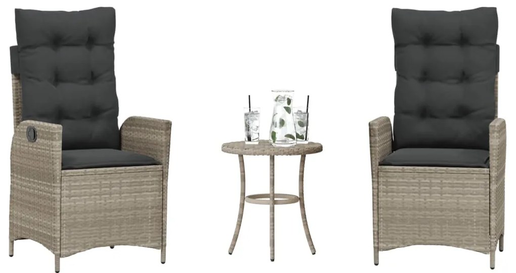 vidaXL 3 pcs conjunto bistrô com almofadões vime PE cinzento claro