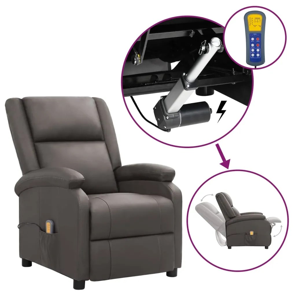 vidaXL Poltrona de massagens elevatória couro genuíno cinzento