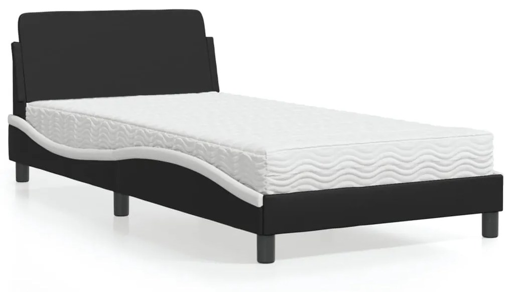 Cama com colchão 100x200 cm couro artificial preto e branco