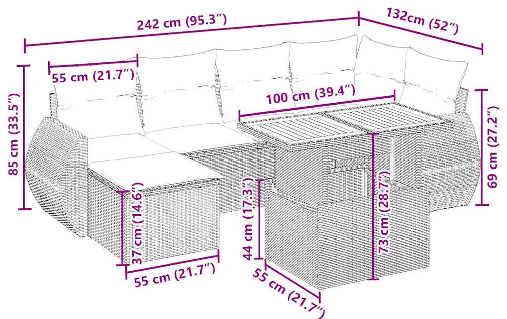 7 pcs conjunto de sofás p/ jardim com almofadões vime PE bege