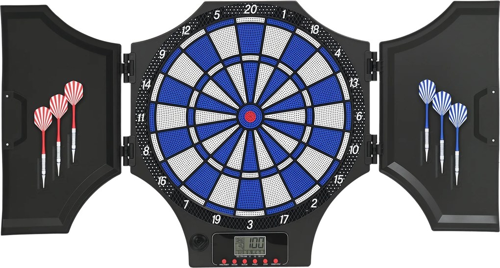 Alvo de dardos eletrónico com tampa, 2 portas, 31 jogos, até 8 jogadores, ecrã LCD, altifalante, preto