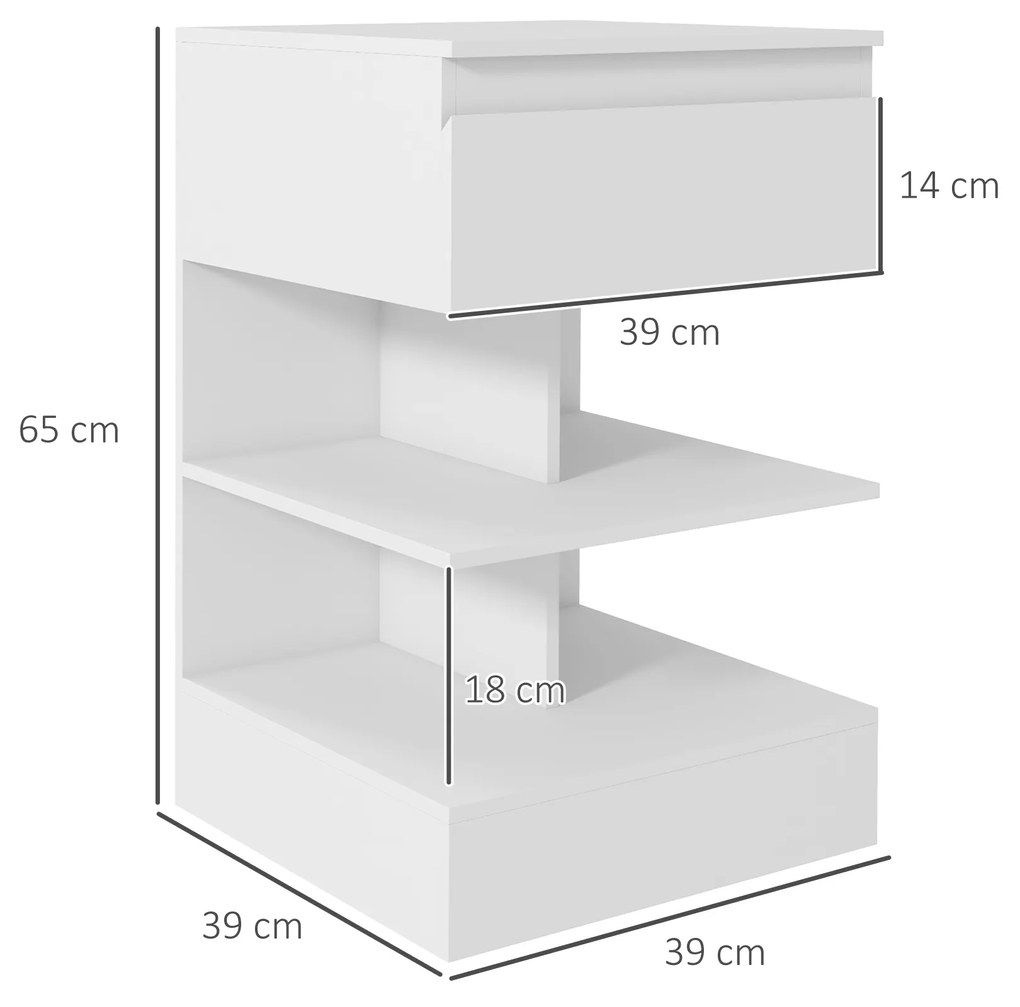 Mesa de Cabeceira Mesa Auxiliar com 1 Gaveta e 2 Prateleiras Abertas para Quarto Sala Estilo Moderno 39x39x65 cm Branco