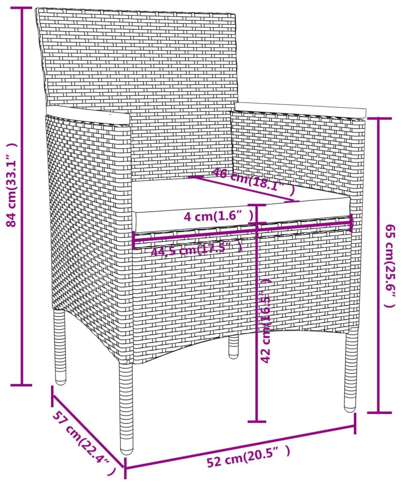 3 pcs conjunto de jantar para jardim vime PE preto