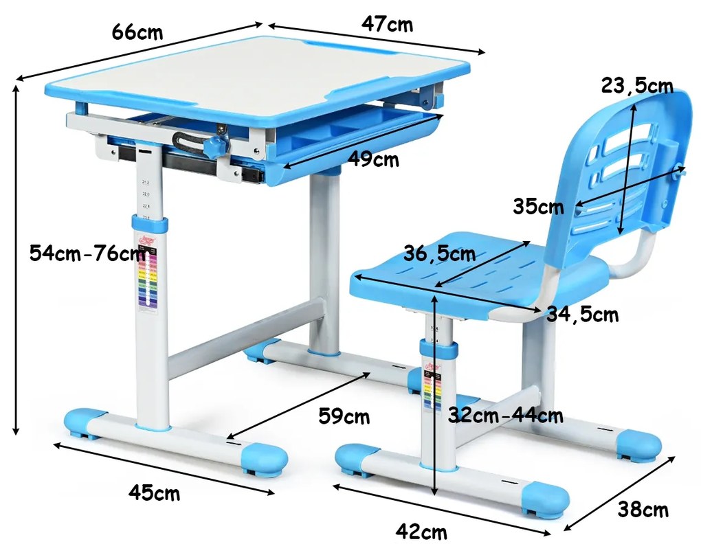 Secretária infantil com cadeira de leitura para crianças com altura ajustável e ângulo e gaveta 66 x 47 x (54 - 76) cm Azul