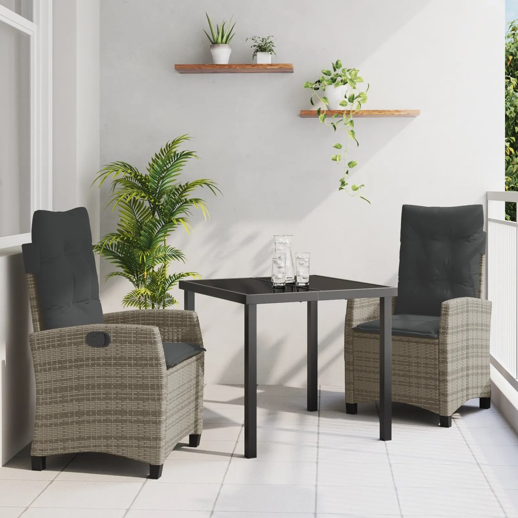 vidaXL Conjunto de Jantar de Jardim de 3 Peças com Almofadas da - Rattan e Poliéster Cinza
