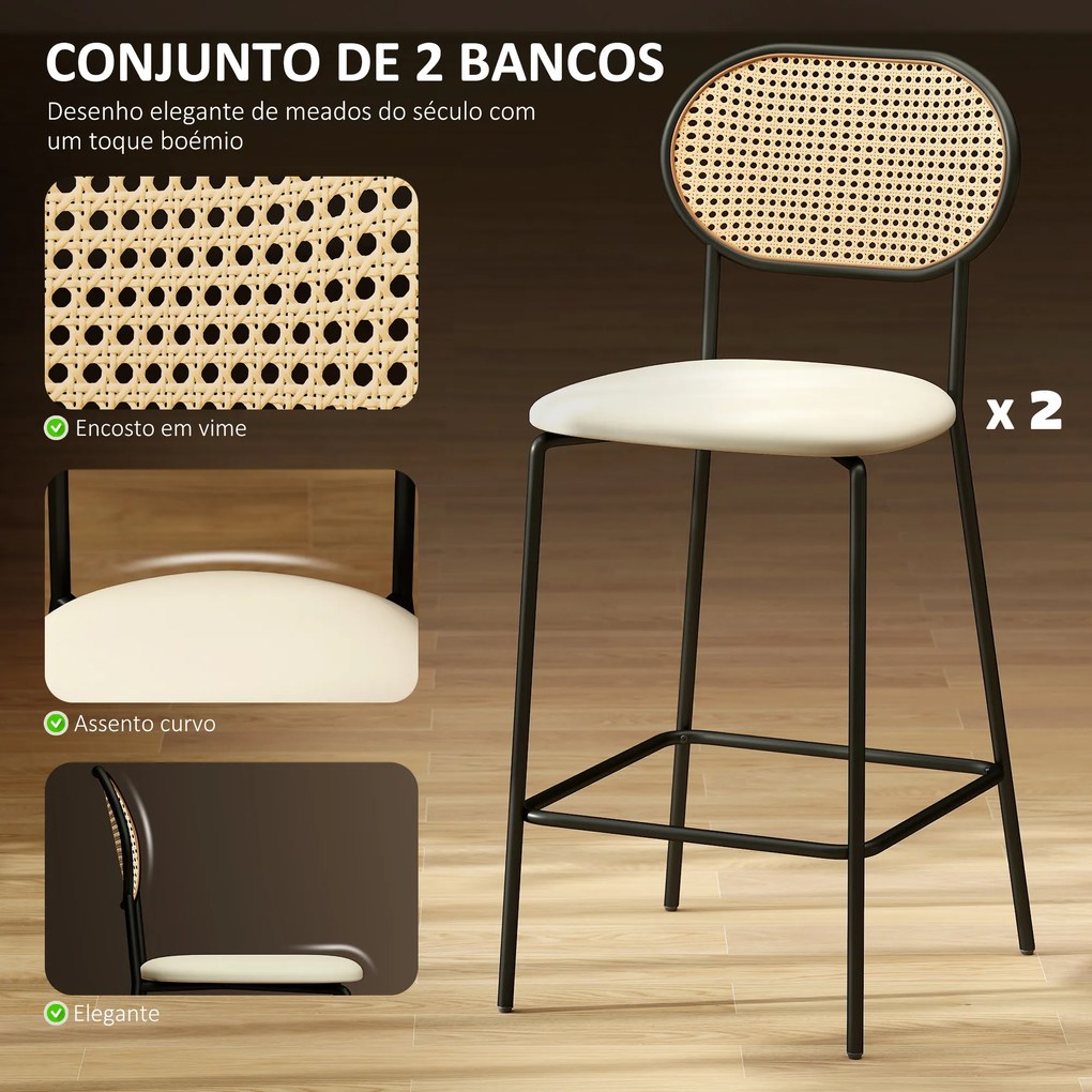 Conjunto de 2 Bancos de Bar Bancos Altos de Cozinha com Encosto em Vime Assento em PU Estrutura de Aço 45x50x97 cm Creme