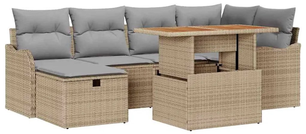 Conjunto de Sofá de Jardim de 7 Peças com Almofadas Beiges em Rattan S