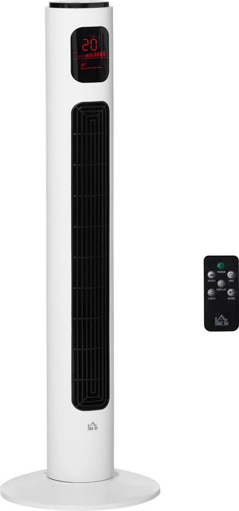 HOMCOM Ventoinha de Torre Silencioso 45W com Controlo Remoto 3 Velocidades 3 Modos Temporizador 12H Oscilação 70° Branco | Aosom Portugal