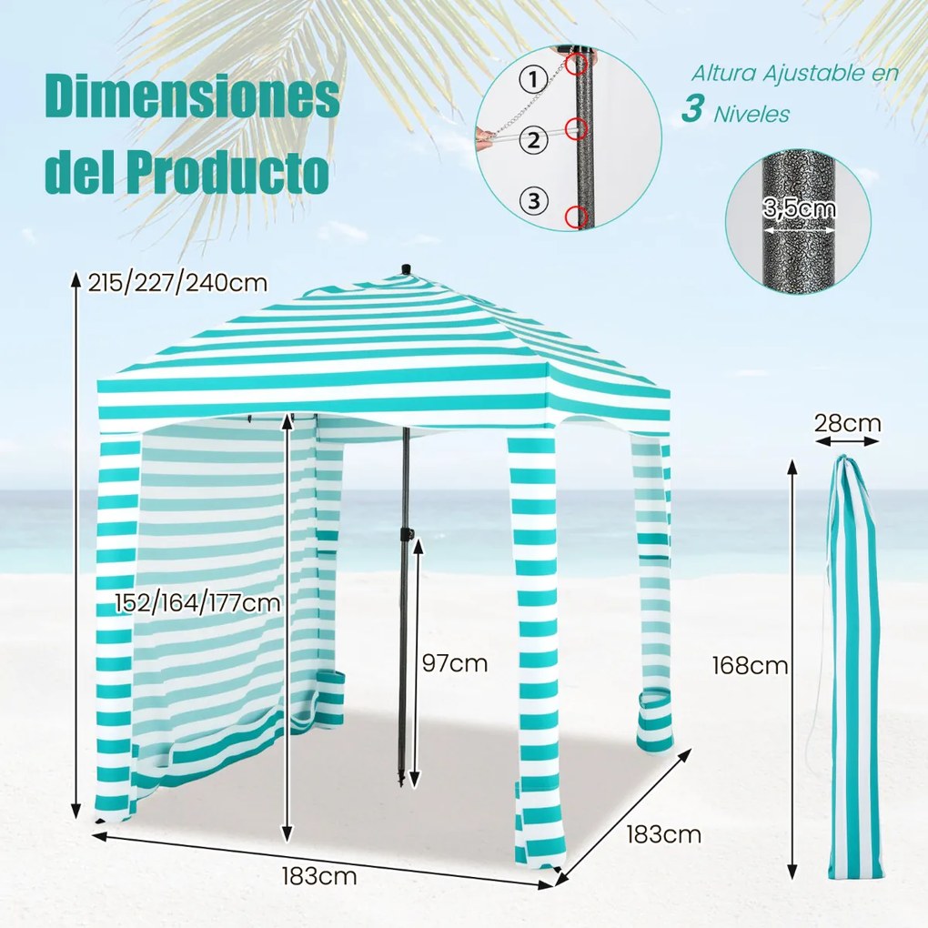 Tenda Guarda-sol de praia portátil com parede lateral amovível Bolsa de transporte 8 sacos de areia Proteção solar Exterior 183 x 183 cm Verde