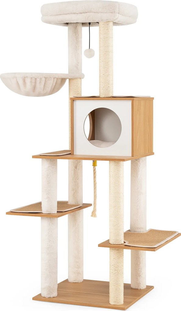 Arranhador para Gatos, 48 x 44 x 148 cm, 7 Níveis, Natural + Branco
