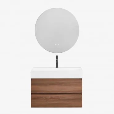 Conjunto De Móvel De Casa De Banho Suspenso Em Madeira E Folha De Freixo Com Lavatório Integrado Ona Madeira Escura & Redondo Led - Sklum