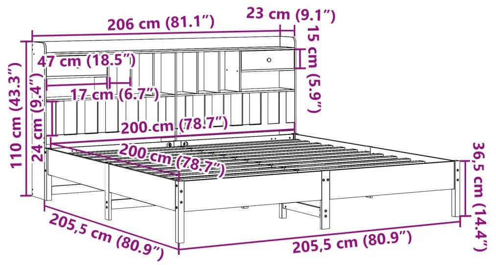 Cama com estante sem colchão 200x200 cm pinho maciço