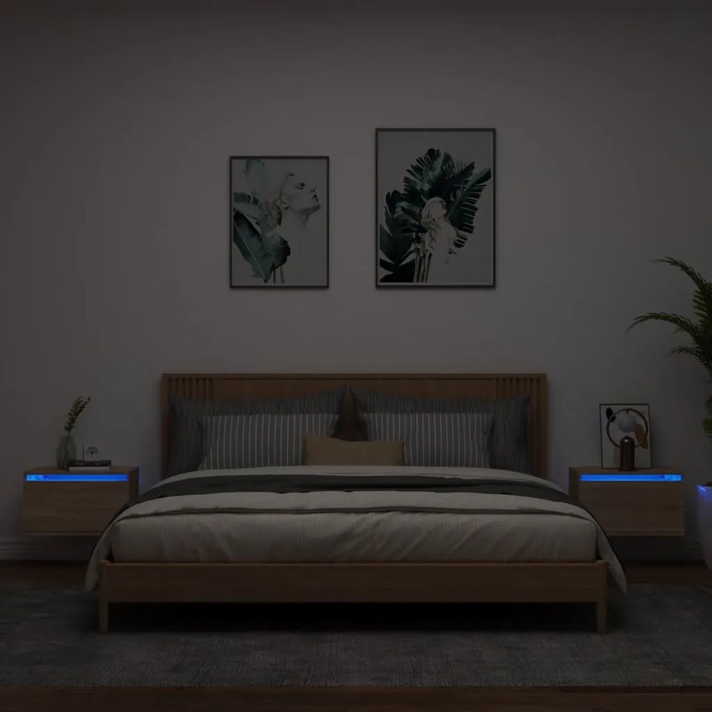 vidaXL Mesas de cabeceira de parede com luzes LED 2pcs carvalho sonoma