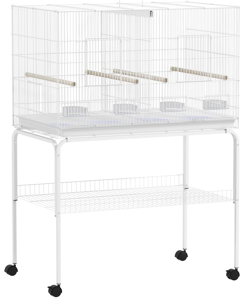 PawHut Gaiola para Pássaros com Divisória Rodas Gaiola para Aves com Comedouros Poleiros e Bandeja Removível 94x57x128 cm Branco
