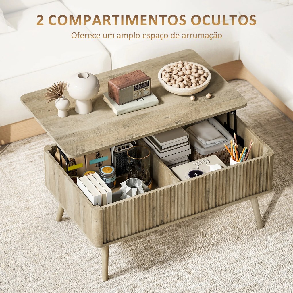 Mesa de Centro Elevatória com Compartimentos Ocultos de Armazenamento e Pés de Pinho 91x56x43 cm cor Carvalho