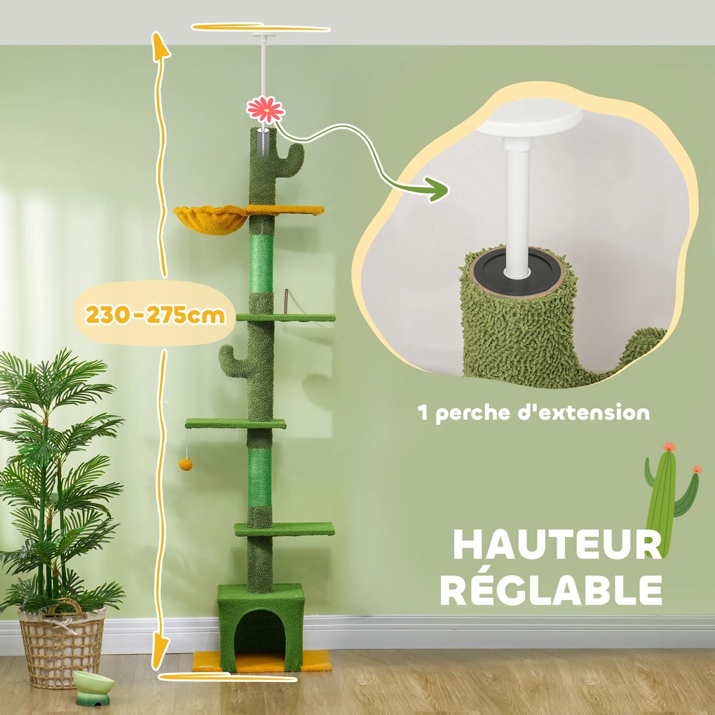 Arranhador para gatos, altura 275 cm, 6 níveis para gatos de interior, do chão ao teto, com plataformas, compartimentos abertos, casinha, rede, verde