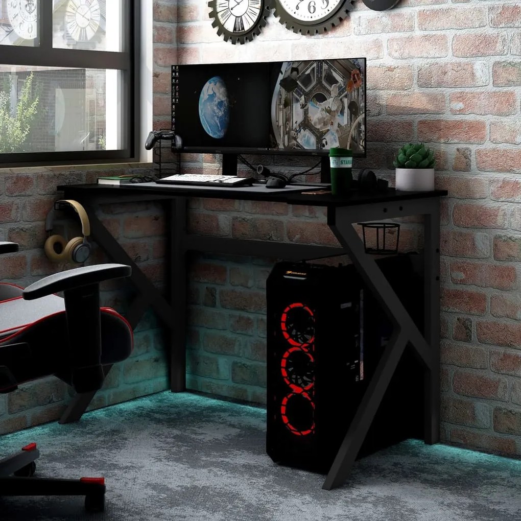 vidaXL Secretária de gaming c/ pernas em forma de K 90x60x75 cm preto