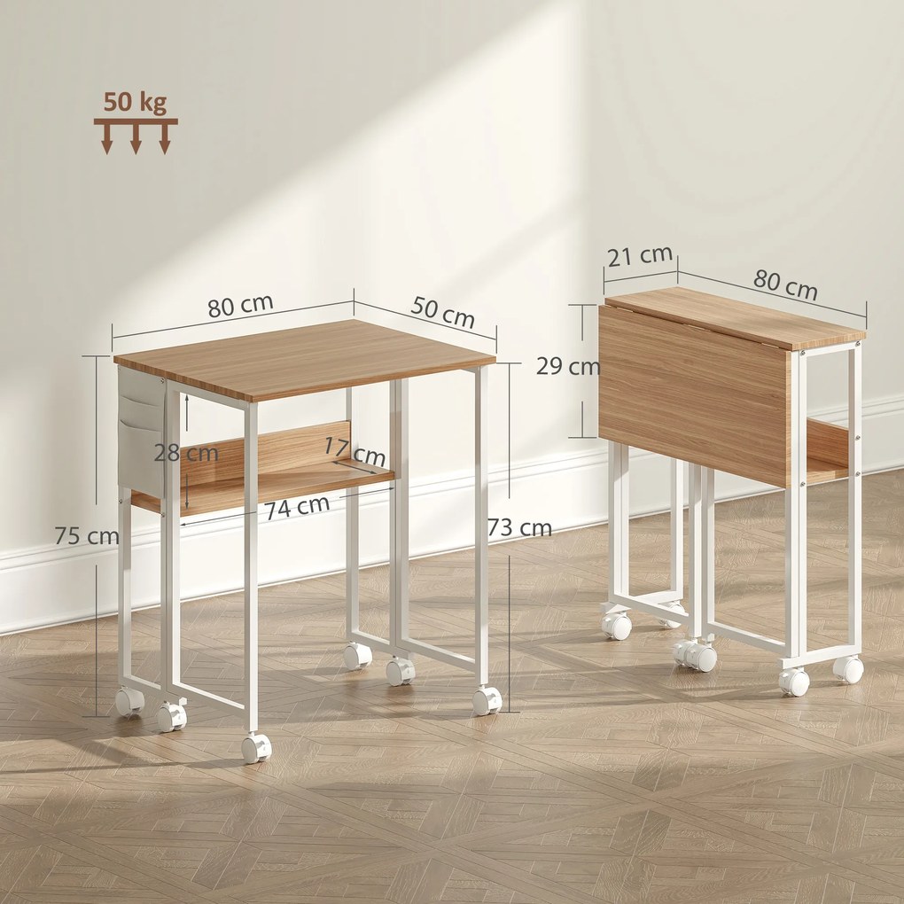 Secretária Dobrável com Rodas e Prateleira Mesa Secretária Compacta com Bolsa de Armazenamento 80x50x75 cm Madeira e Branco