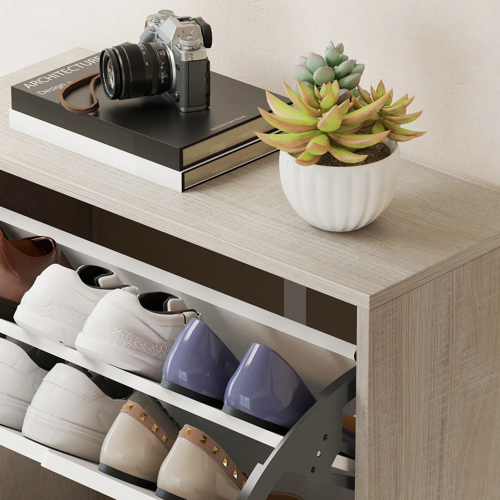 Sapateira de Madeira com 3 Compartimentos Abatíveis com Capacidade para 12 Pares 62,5x26x117,5 cm Branco e Madeira