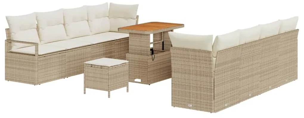 Conjunto de Sofá de Jardim de 11 Peças com Almofadas Bege Vime PE Acác