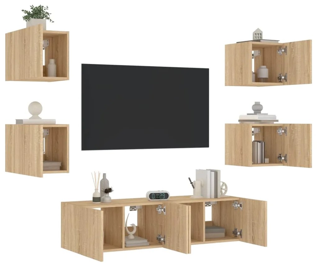 vidaXL 6pcs móveis parede p/ TV c/ LEDs deriv. madeira carvalho sonoma
