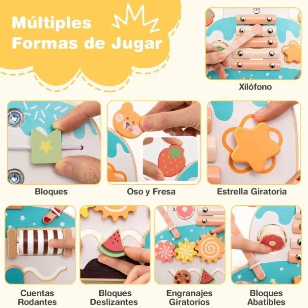 Andadilho de madeira para bebés de empurrar ajustável em altura com centro de atividades Xilofone Blocos deslizantes