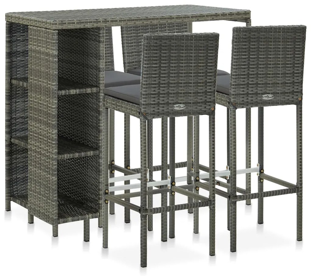 vidaXL 5 pcs conjunto de bar p/ jardim c/ almofadões vime PE cinzento