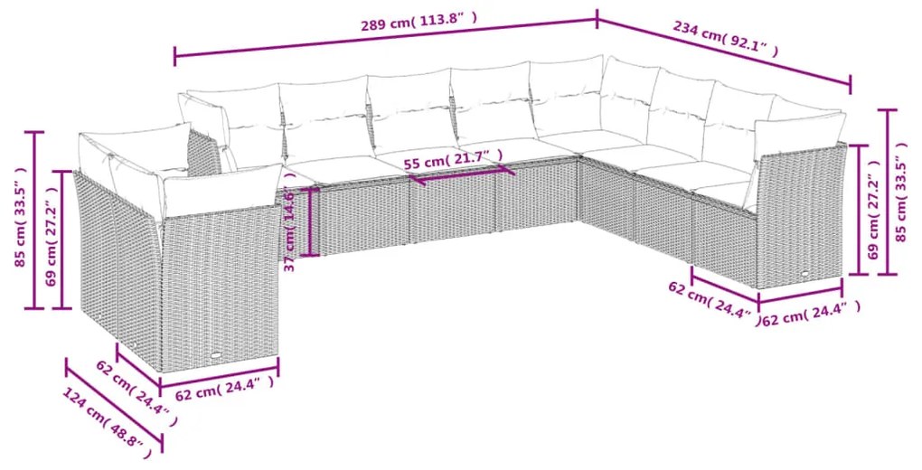 10 pcs conjunto sofás de jardim c/ almofadões vime PE preto