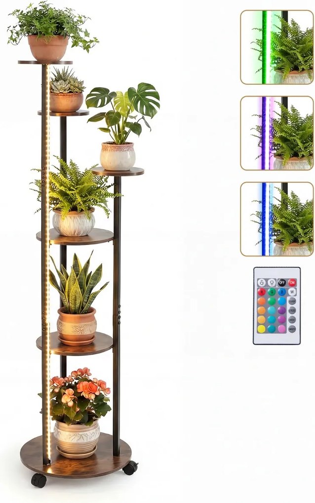 Suporte para plantas de canto com 6 níveis 45 x 43 x 146,5 cm, rodas bloqueáveis, luzes LED com 16 cores, comando à distância, expositor com rodas, Ca