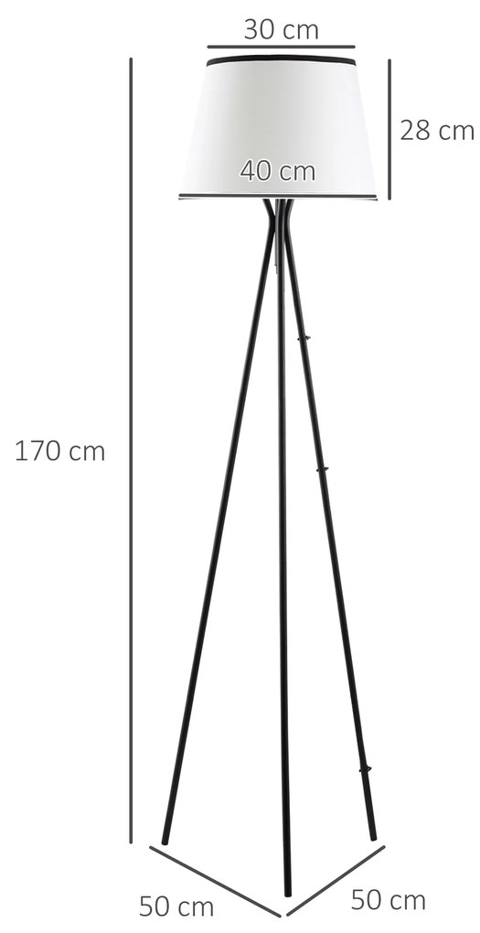 Candeeiro de Pé para Sala de Estar com Tripé de Metal Ecrã de Tecido Suporte para Lâmpada E27 Máx. 40W e Interruptor de Pé Desenho Moderno para Dormit