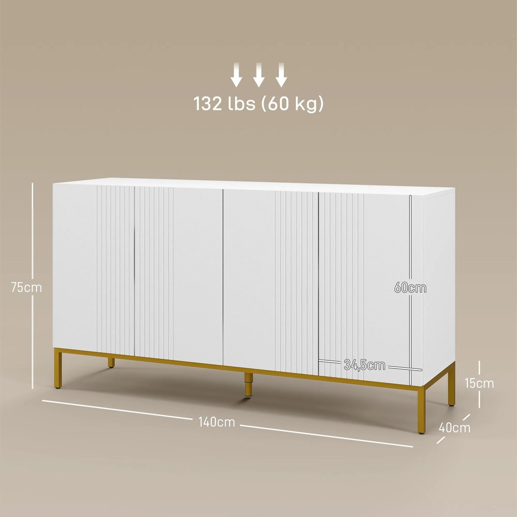 Aparador de design contemporâneo com motivos gráficos 140 x 40 x 75 cm, 2 armários com portas e prateleiras ajustáveis, em madeira branca e metal dour