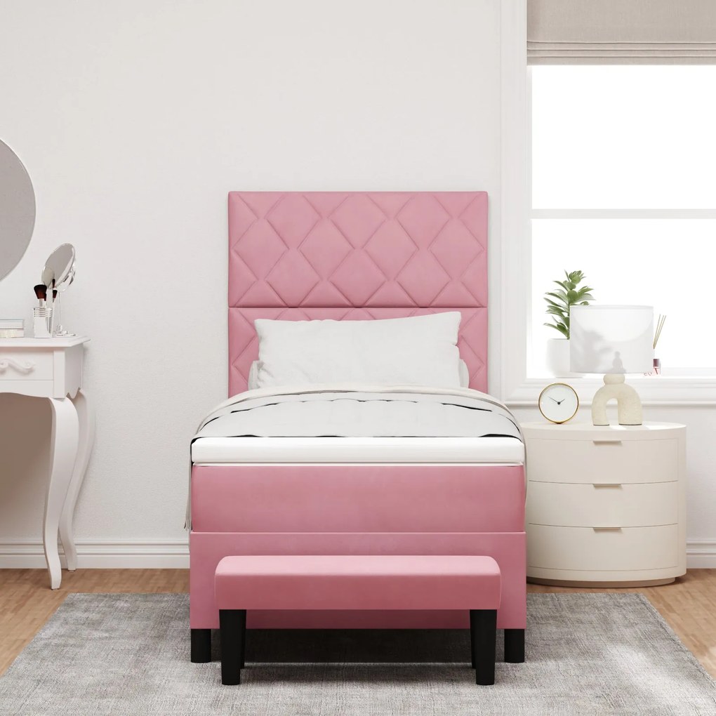 Cama Box Spring Rosa com Colchão e Banco 90x190 cm Veludo