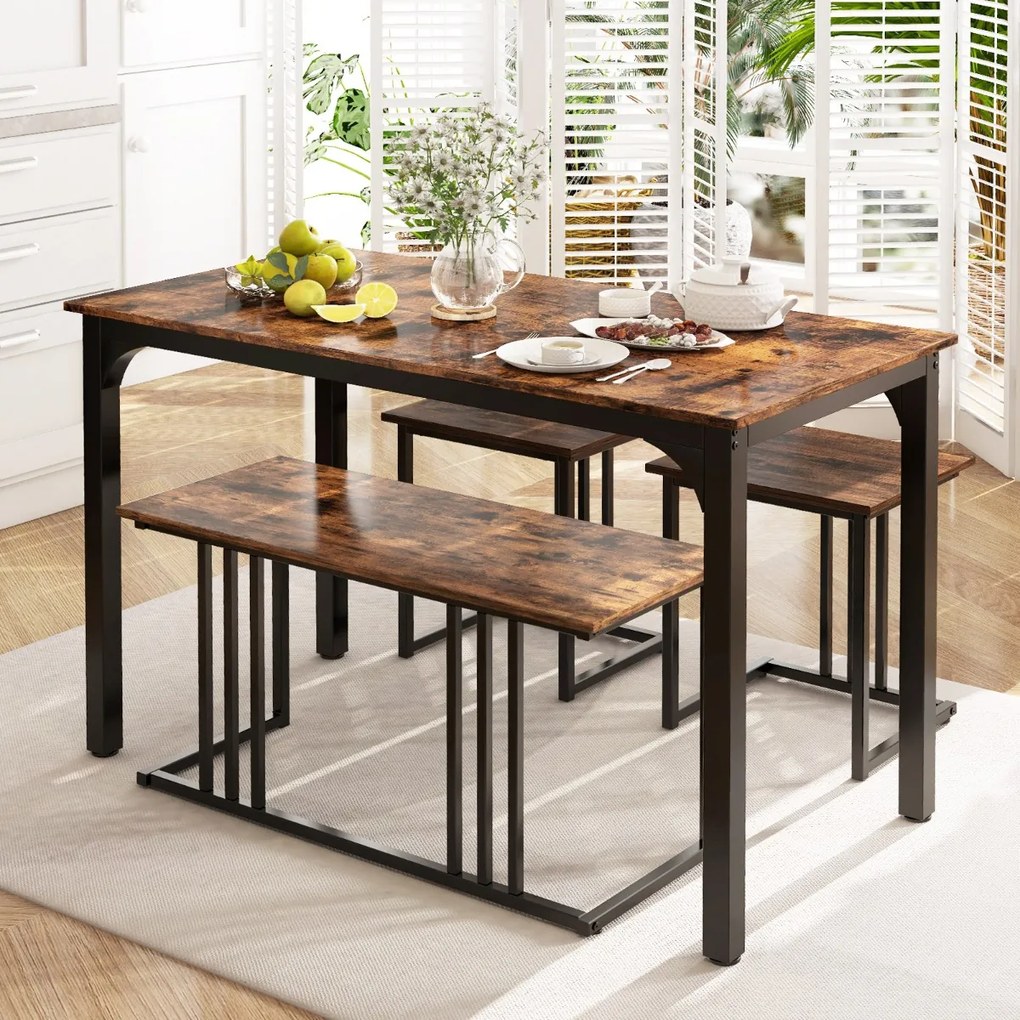 Conjunto de mesa de jantar de 4 peças com banco e 2 bancos com estrutura metálica Conjunto de móveis de cozinha industrial Castanho